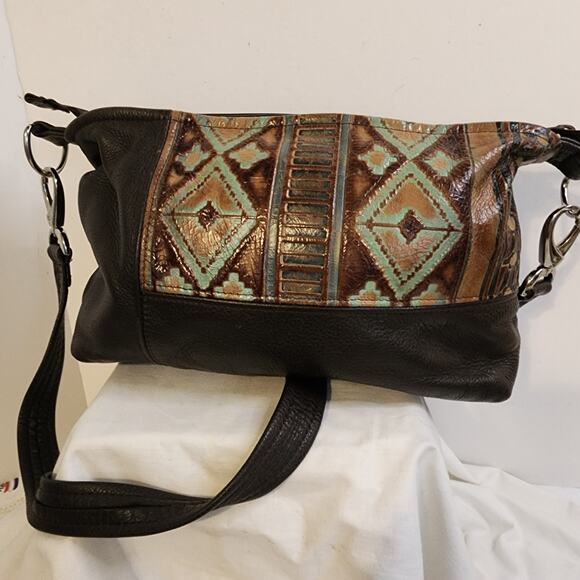Bamzi Bags Leather Shoulder Bag Southwest Geometric Brown Turquoise Boho 12x7 - Picture 6 of 14